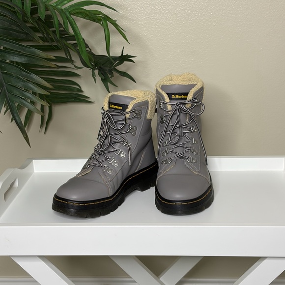 Dr. Martens Shoes - Dr Martens Serena Faux Fur Lined Boots Gray Leather Lace Up Ankle Boots US 8